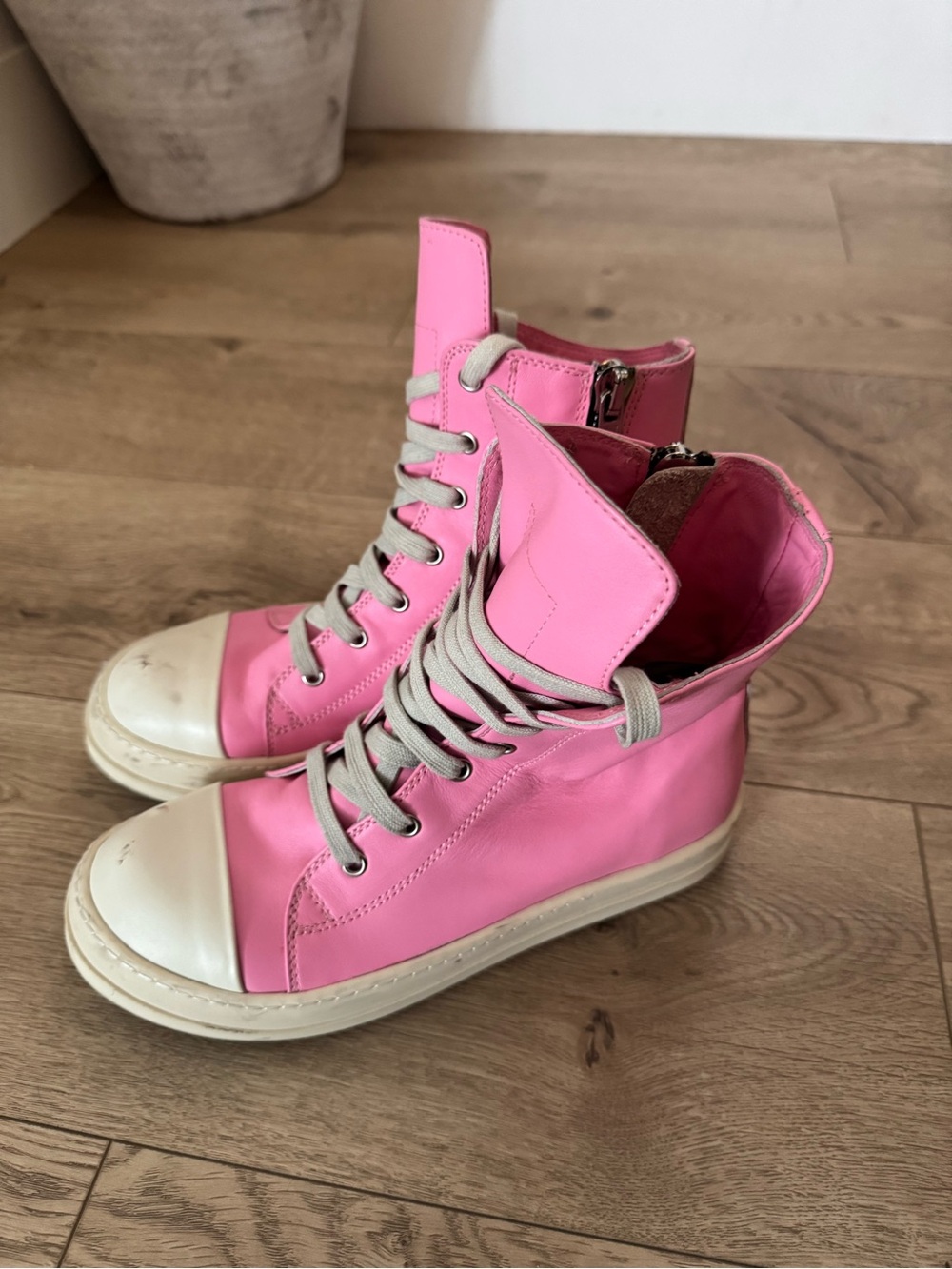 Rick Owens Leather Pink High-Top Sneakers with Cream Accents sz. EU39